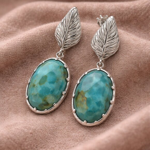 Estele Rhodium Plated Cz Marvelous Drop Earrings For Women  Sterling Silver Turquoise Leaf Drop Earrings – Rhodium Plated, Blue-Green Oval T